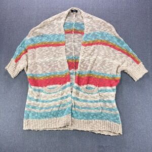 BDG Cardigan Sweater Women Medium Tan Striped Open Front Short Sleeve Popcorn
